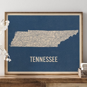 Vintage Tennessee Road Map Art Print, Blue on Beige #2, Unframed