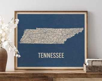 Vintage Tennessee Road Map Art Print, Blue on Beige #2, Unframed