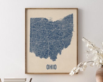 Vintage Ohio Road Map Art Print, Blue on Beige #1, Unframed