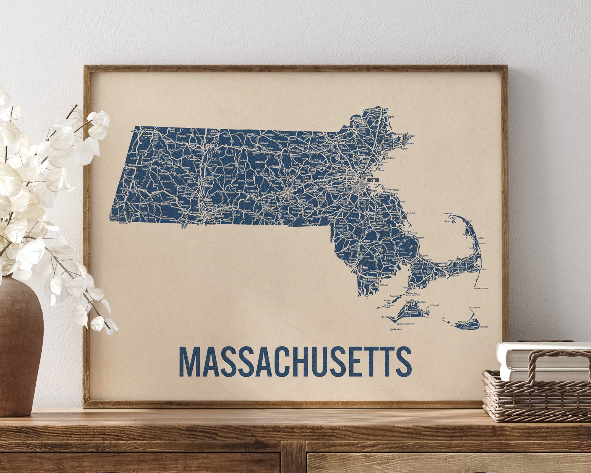 Vintage Massachusetts Road Map Art Print, Blue on Beige #1, Unframed