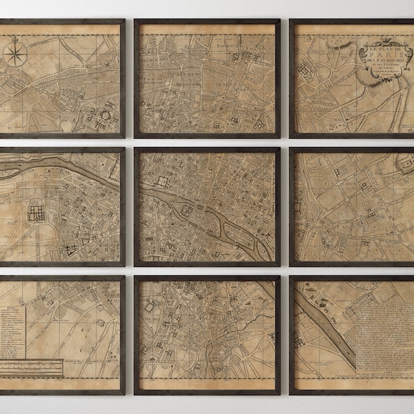 Old Paris Map Art Print Set, 1717, Archival Reproduction, Set of 9 Prints, Unframed