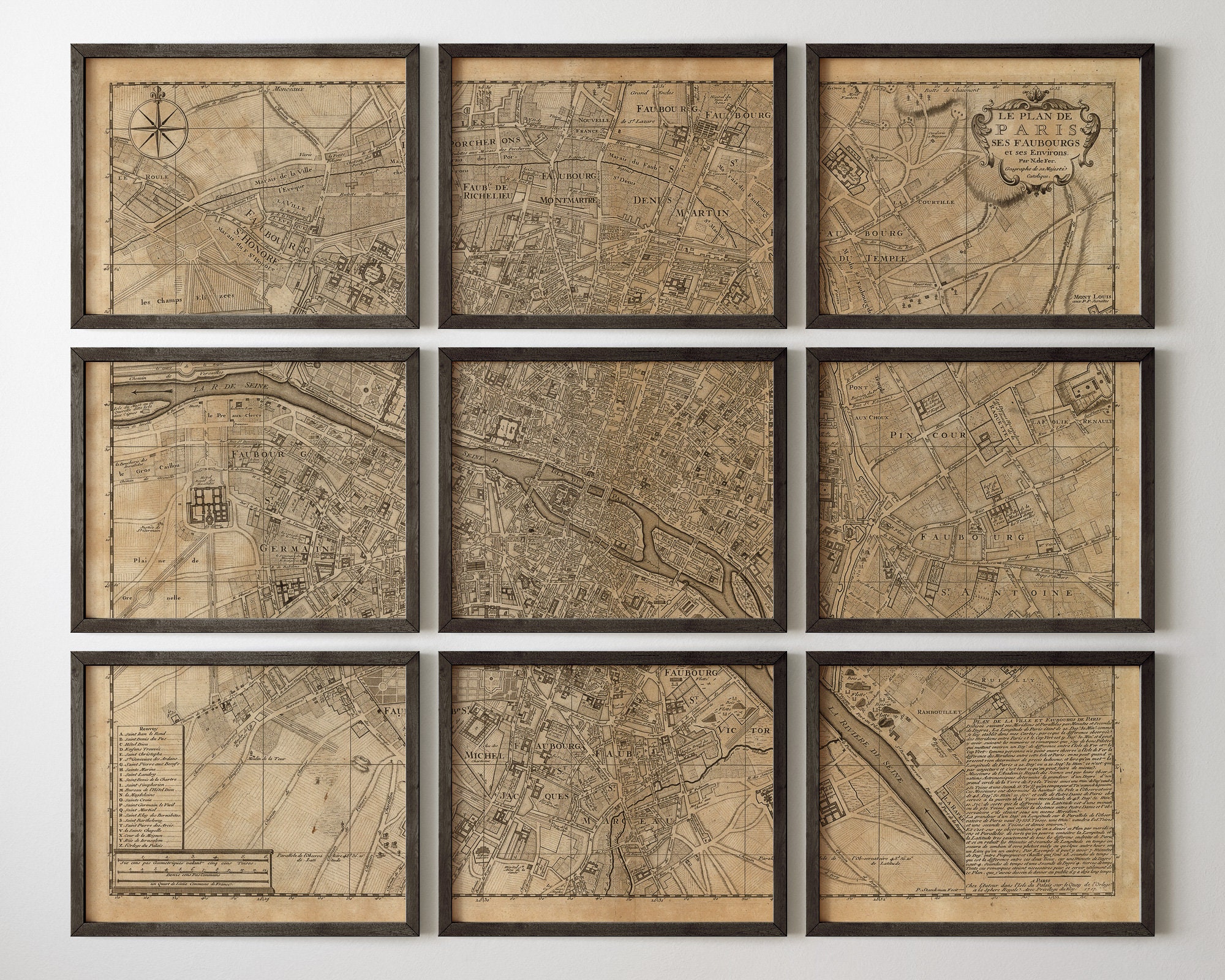 Old Paris Map Art Print Set, 1717, Archival Reproduction