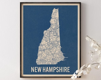 New Hampshire Road Map Art Print, Retro Style, Blue on Beige, Archival Wall Decor (Unframed)