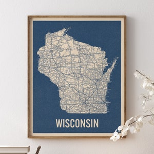 Vintage Wisconsin Road Map Art Print, Blue on Beige #2, Unframed