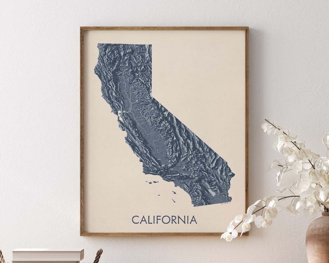 California Map Art Print Vintage Style Topographic Blue on - Etsy