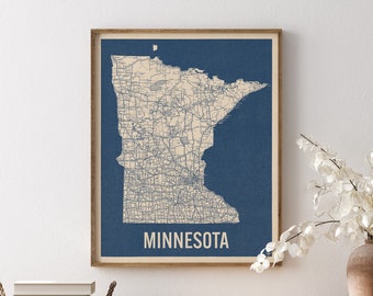 Vintage Minnesota Road Map Art Print, Blue on Beige #2, Unframed