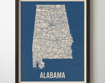 Alabama Road Map Art Print, Retro Style, Blue on Beige, Archival Wall Decor