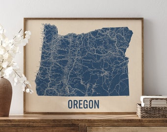 Vintage Oregon Road Map Art Print, Blue on Beige #1, Unframed