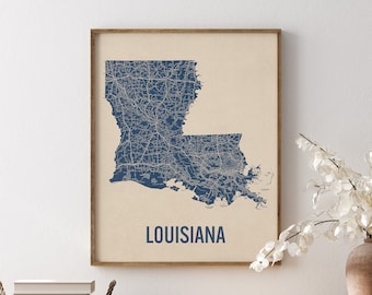 Vintage Louisiana Road Map Art Print, Blue on Beige #1, Unframed