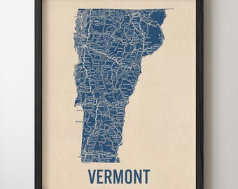 Vermont Road Map Art Print, Retro Style, Blue on Beige, Archival Wall Decor