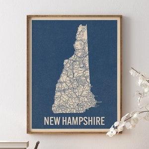 Vintage New Hampshire Road Map Art Print, Blue on Beige #2, Unframed