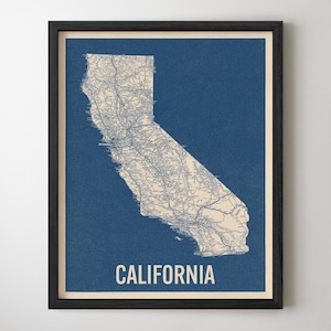 Impresión artística de un mapa de carreteras de California, estilo retro, azul sobre beige, decoración de pared de archivo