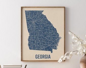 Vintage Georgia Road Map Art Print, Blue on Beige #1, Unframed