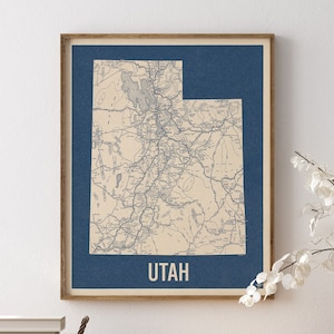Vintage Utah Road Map Art Print, Blue on Beige #2, Unframed