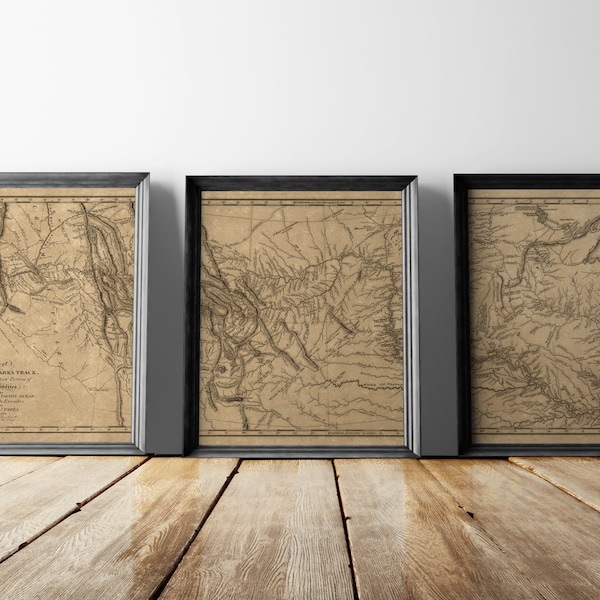 Old Lewis and Clark Map Art Print Set, 1814, Archival Reproduction, Set of 3 Prints, Unframed