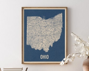 Vintage Ohio Road Map Art Print, Blue on Beige #2, Unframed