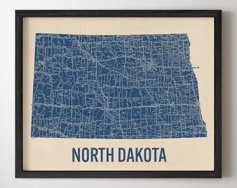 North Dakota Road Map Art Print, Retro Style, Blue on Beige, Archival Wall Decor
