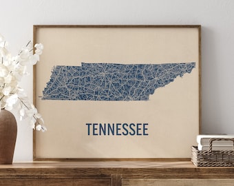 Vintage Tennessee Road Map Art Print, Blue on Beige #1, Unframed