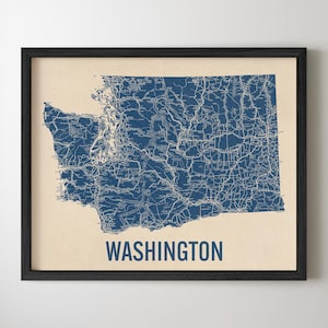 Impresión artística del mapa de carreteras del estado de Washington, estilo retro, azul sobre beige, decoración de pared de archivo
