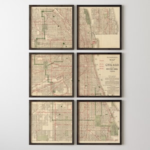 May include: Set of six vintage framed maps of Chicago, Illinois, with a brown frame and a cream background. The maps show the city's street layout and include the title "Blanchard's Map of Chicago New Street Names 1905".