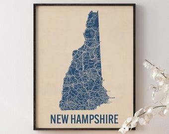 New Hampshire Road Map Art Print, Retro Style, Blue on Beige, Archival Wall Decor (Unframed)