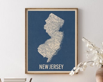 Vintage New Jersey Road Map Art Print, Blue on Beige #2, Unframed