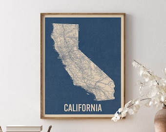 Vintage California Road Map Art Print, Blue on Beige #2, Unframed