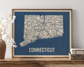 Vintage Connecticut Road Map Art Print, Blue on Beige #2, Unframed