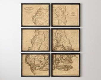 Old Beaufort, SC Map Art Print Set, 1820s, Archival Reproduction, Set of 6 Prints, Unframed