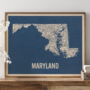 Vintage Maryland Road Map Art Print, Blue on Beige #2, Unframed