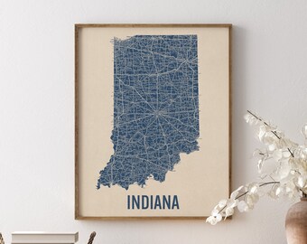 Vintage Indiana Road Map Art Print, Blue on Beige #1, Unframed