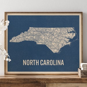 Vintage North Carolina Road Map Art Print, Blue on Beige #2, Unframed