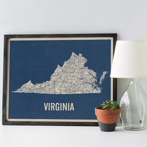 Vintage Virginia Road Map Art Print, Blue on Beige 2, Unframed image 3