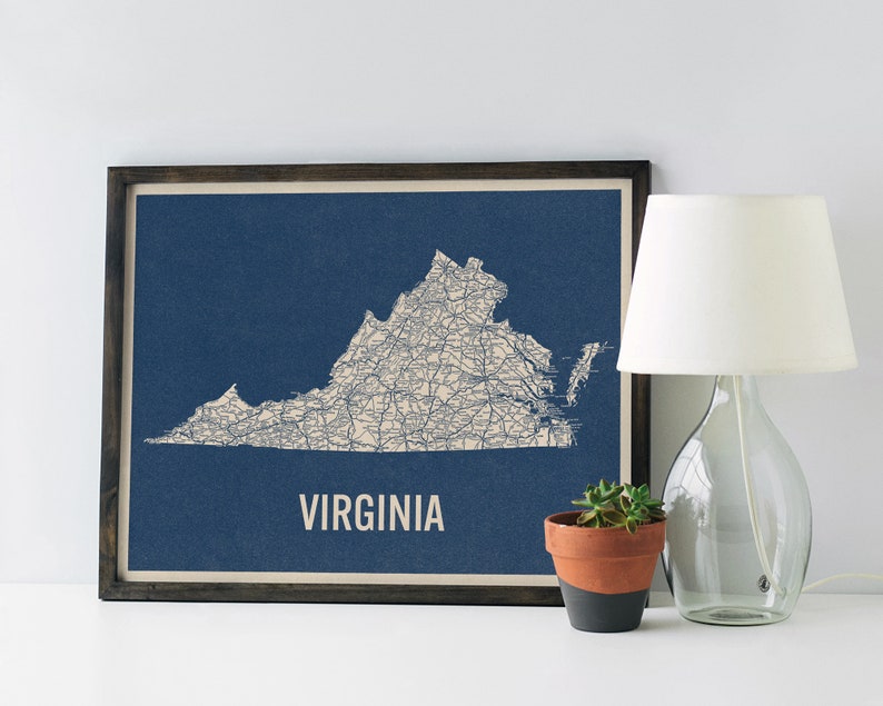 Vintage Virginia Road Map Art Print, Blue on Beige 2, Unframed image 3