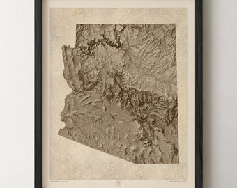 May include: A framed topographic map of Arizona featuring a detailed relief of the state's terrain in shades of brown and tan. The map is set against a textured, parchment-like background and is enclosed in a simple black wooden frame.