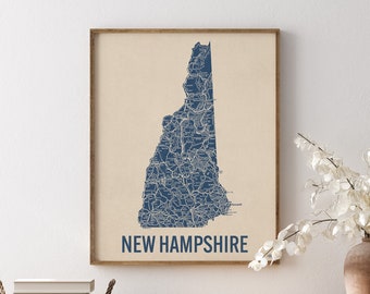 Vintage New Hampshire Road Map Art Print, Blue on Beige #1, Unframed