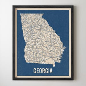 Georgia Road Map Art Print, Retro Style, Blue on Beige, Archival Wall Decor