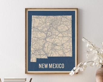 Vintage New Mexico Road Map Art Print, Blue on Beige #2, Unframed