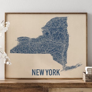 Vintage New York State Road Map Art Print, Blue on Beige #1, Unframed