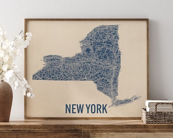 Vintage New York State Road Map Art Print, Blue on Beige #1, Unframed