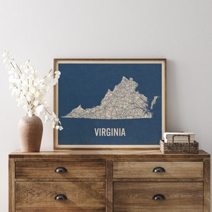 Vintage Virginia Road Map Art Print, Blue on Beige 2, Unframed image 4