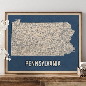Vintage Pennsylvania Road Map Art Print, Blue on Beige #2, Unframed