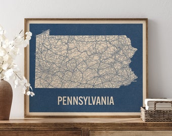 Vintage Pennsylvania Road Map Art Print, Blue on Beige #2, Unframed