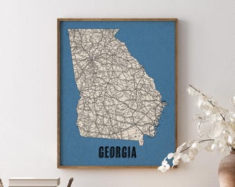 Georgia Road Map Art Print, Multiple Colors, Retro Style Archival Wall Decor (Unframed)
