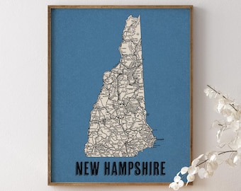 New Hampshire Road Map Art Print, Multiple Colors, Retro Style Archival Wall Decor (Unframed)