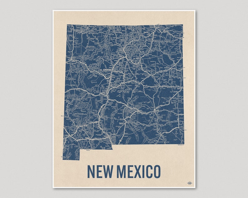 Vintage New Mexico Road Map Art Print Blue on Beige 1 Etsy