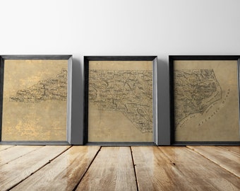 Old North Carolina Map Art Print Set, 1893, Archival Reproduction, Set of 3 Prints, Unframed