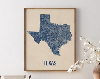 Vintage Texas Road Map Art Print, Blue on Beige #1, Unframed