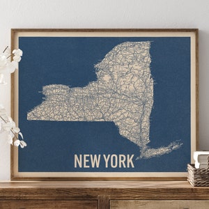 Vintage New York State Road Map Art Print, Blue on Beige #2, Unframed
