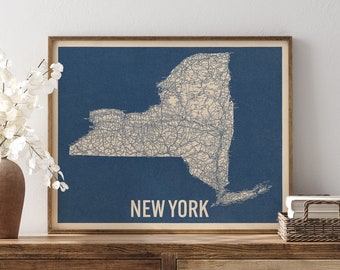 Vintage New York State Road Map Art Print, Blue on Beige #2, Unframed